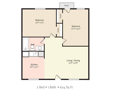 Floor plan for 2 beds, 1 bath, 624 sqft